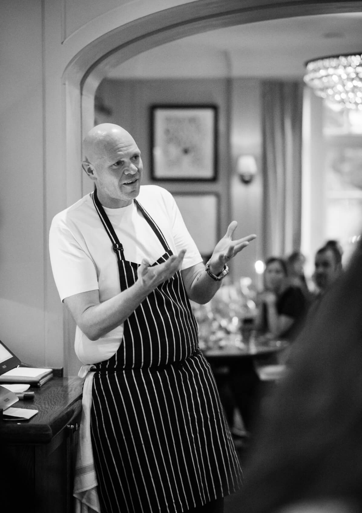 tom kerridge at lime wood hotel in the new forest presenting to the restaurant